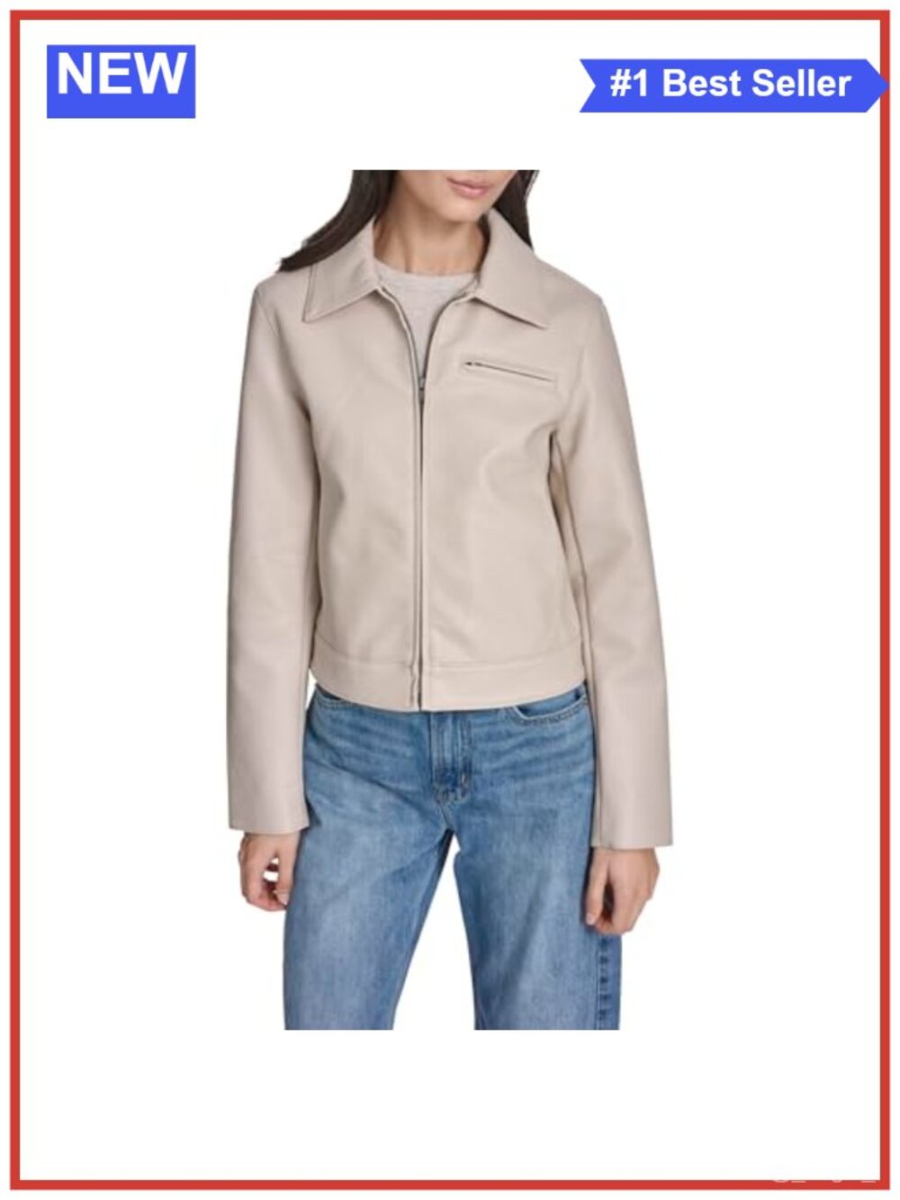 Faux Leather Zip Front Jacket with Laydown Collar and Puff Sleeves